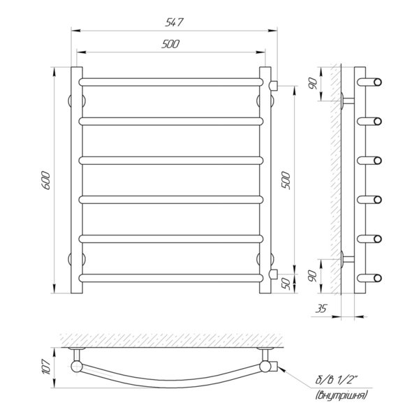 Рушникосушка Laris Класік П6 500 х 600 б/п 1/2" мц 500