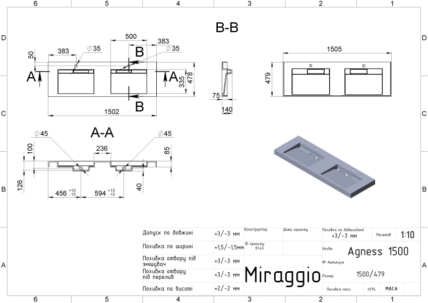 Умивальник AGNESS 1500 - 3 фото