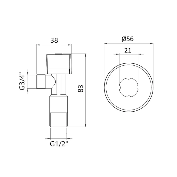 Кран угловой Thermo Alliance Standart (ручка шестигранник) с вент.буксой 1/2"Н х 3/4"Н SF3441520 - 1 фото
