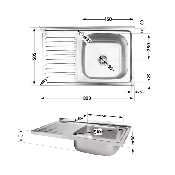 Кухонна мийка Brinex 5080-R 0,8 мм Satin - 1 фото