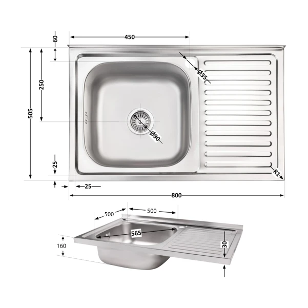 Кухонна мийка Brinex 5080-L 0,8 мм Satin - 1 фото