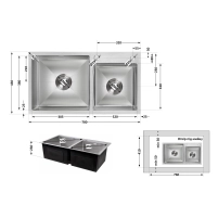 Мойка для кухни с двумя чашами интегрированная Lidz Handmade H7843 (LDH7843BRU35387) Brushed Steel 3,0/1,0 мм - 1 фото