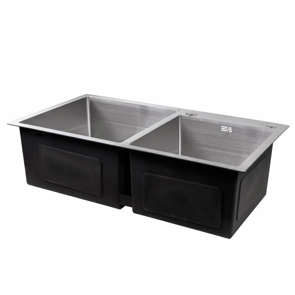 Мойка для кухни с двумя чашами интегрированная Lidz Handmade H7843 (LDH7843BRU35387) Brushed Steel 3,0/1,0 мм - 3 фото