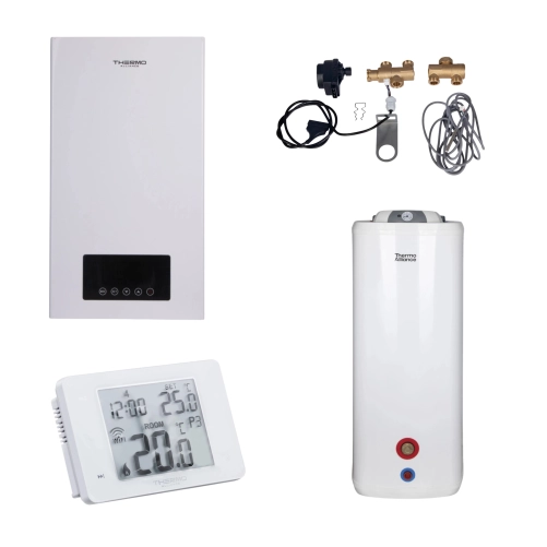 Комплексне рішення Thermo Alliance для котельні: електричний котел 12 кВт + комплект підключення бойлера + комбінований підлоговий водонагрівач 100 л