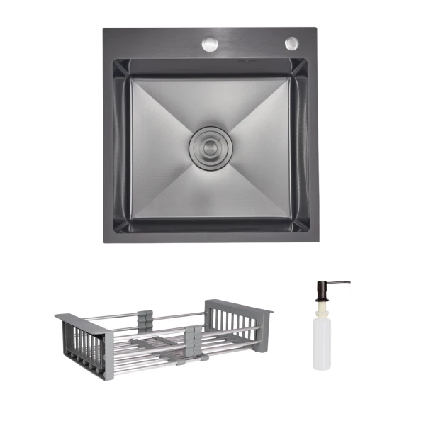 Комплект Lidz Handmade H5050HB Мойка для кухни интегрированная Decor Black PVD Honeycomb в комплекте с дозатором+ Lidz K01G Корзина для кухонной мойки