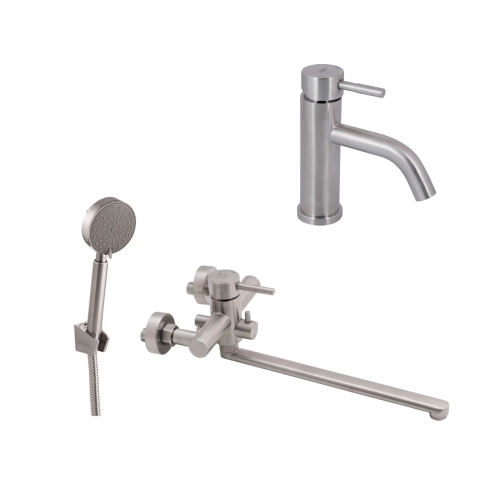 Комплект для ванної кімнати Aria 005, Nickel (k35) з довгим поворотним виливом та душовим гарнітуром +Змішувач для раковини низький Aria 0011F, Nickel