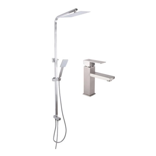 Акційний набір: Lidz Kubis 001F Змішувач для раковини (k35) Nickel + Lidz Kubis 1120 Душова стійка універсальна на два споживача Nickel