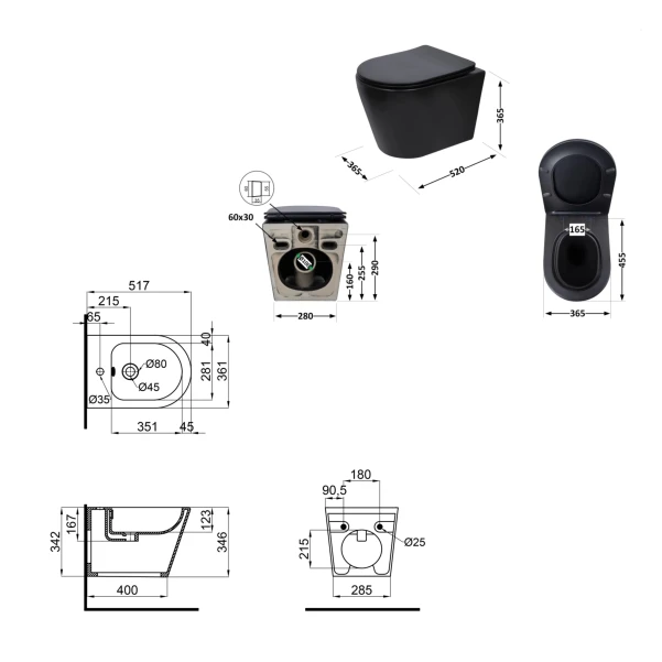 Комплект Qtap Scorpio Matt Black 2 в 1: Унитаз подвесной Ultra Quiet QT14332380AMB + биде подвесное QT1455053FMB - 1 фото