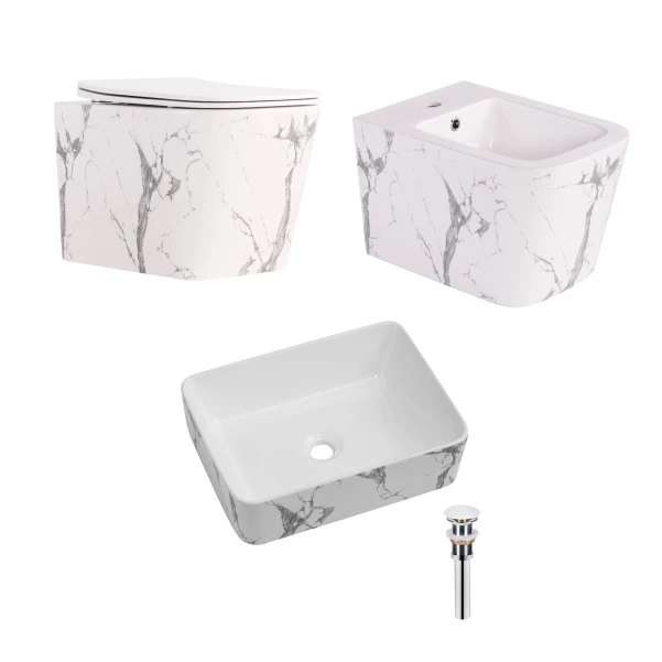 Комплект Qtap Tern Marble 3 в 1: унитаз подвесной Ultra Quiet + биде подвесное + раковина накладная QTTERMR49164