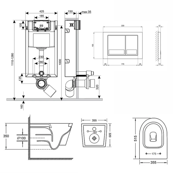 Готовое решение Qtap для ванной комнаты: подвесной унитаз  Swan Rimless 520х360х320 + комплект инсталляции Nest 4 в 1 (квадратная клавиша Satin) - 1 фото