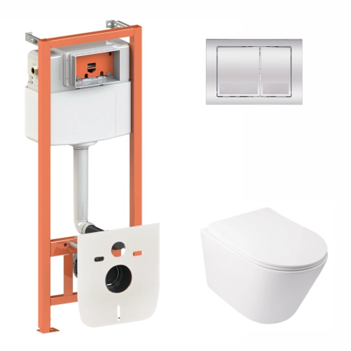 Готове рішення Qtap для ванної кімнати: підвісний унітаз Swan Rimless 520х360х320 + комплект інсталяції Nest 4 в 1 (квадратна клавіша Chrome)