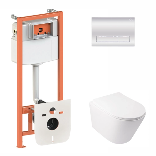 Готовое решение Qtap для ванной комнаты: подвесной унитаз  Swan Rimless 520х360х320 + комплект инсталляции Nest 4 в 1 (линейная клавиша Chrome)