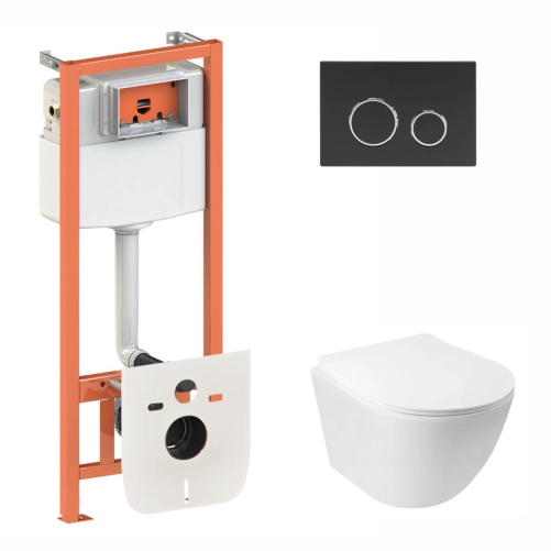 Готове рішення Qtap для ванної кімнати: підвісний унітаз Jay Rimless 520х360х320 + комплект інсталяції Nest 4 в 1 (кругла клавіша Black mat)