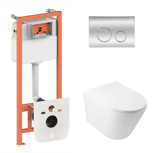 Готове рішення Qtap для ванної кімнати: підвісний унітаз Swan Ultra Quiet 485x360x320 + комплект інсталяції Nest 4 в 1 (кругла клавіша Chrome)