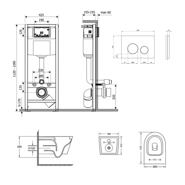Готовое решение Qtap для ванной комнаты: подвесной унитаз Jay Ultra Quiet 485x360x320 + комплект инсталляции Nest 4 в 1 (круглая клавиша Matt Black) - 1 фото