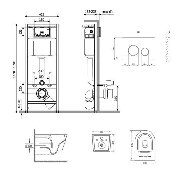 Готовое решение Qtap для ванной комнаты: подвесной унитаз  Swan Ultra Quiet 485x360x320 + комплект инсталляции Nest 4 в 1 (круглая клавиша Matt Black) - 1 фото
