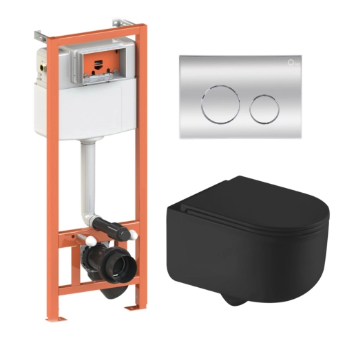 Готове рішення Qtap для ванної кімнати: підвісний унітаз Taurus Ultra Quiet 490x360x380 + комплект інсталяції Nest 4 в 1 (кругла клавіша Matt Black)