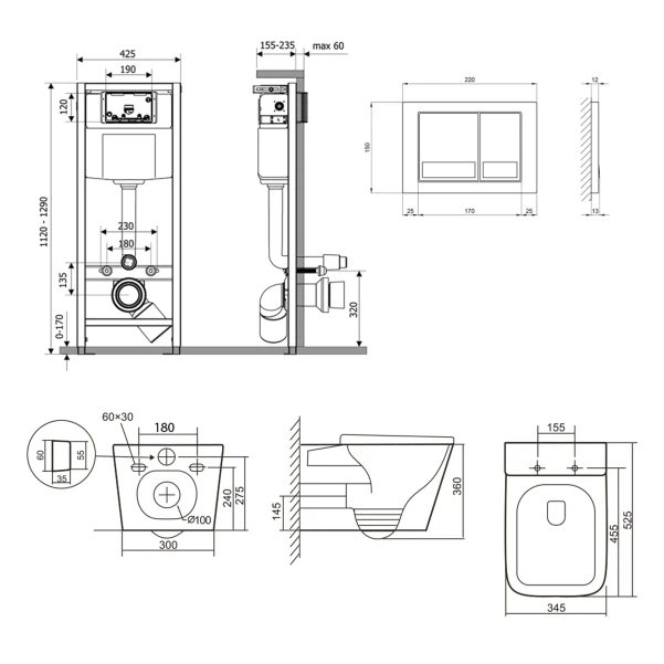Готове рішення Qtap для ванної кімнати: підвісний унітаз Tern Ultra Quiet 525x345x360 + комплект інсталяції Nest 4 в 1 (квадратна клавіша Satin) - 1 фото