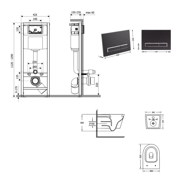 Готове рішення Qtap для ванної кімнати: підвісний унітаз Jay Ultra Quiet 520x360x320 + комплект інсталяції Nest 4 в 1 (лінійна клавіша Matt Black) - 1 фото
