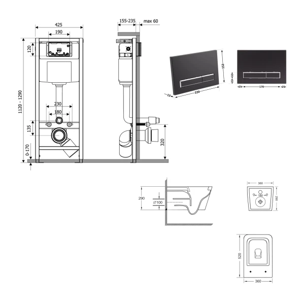 Готове рішення Qtap для ванної кімнати: підвісний унітаз Crow Ultra Quiet 520x360x290 + комплект інсталяції Nest 4 в 1 (лінійна клавіша Matt Black) - 1 фото