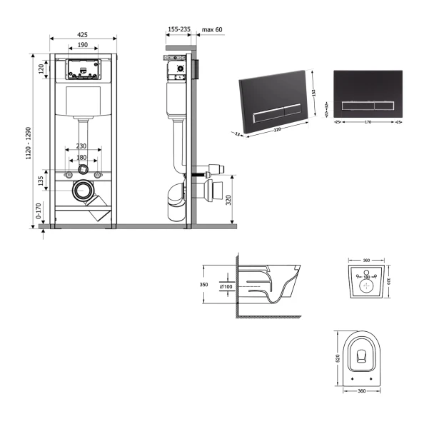 Готовое решение Qtap для ванной комнаты: подвесной унитаз Swan Ultra Quiet 520×360×320 + комплект инсталляции Nest 4 в 1 (линейная клавиша Matt Black) - 1 фото