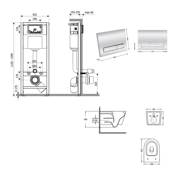 Готове рішення Qtap для ванної кімнати: підвісний унітаз Swan Ultra Quiet 520x360x320 + комплект інсталяції Nest 4 в 1 (лінійна клавіша Matt Black) - 1 фото