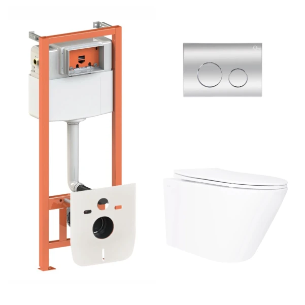 Готовое решение Qtap для ванной комнаты: подвесной унитаз Swan Ultra Quiet 520×360×320 + комплект инсталляции Nest 4 в 1 (круглая клавиша Chrome)