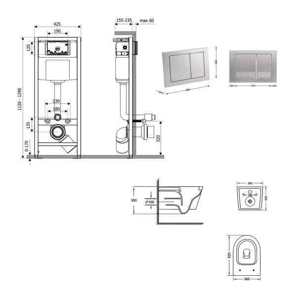 Готовое решение Qtap для ванной комнаты: подвесной унитаз Jay Ultra Quiet 520x360x320 + комплект инсталляции Nest 4 в 1 (квадратная клавиша Satin) - 1 фото