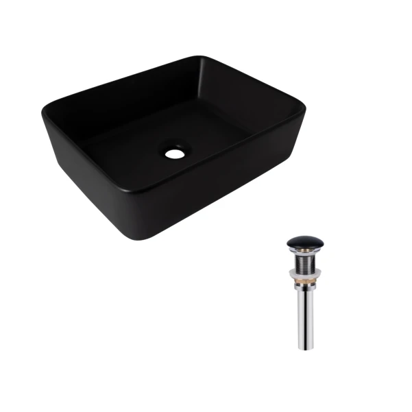 Комплект Qtap Tern: Раковина накладная прямоугольная 480х370х135 мм Matt Black + Донный клапан PU03
