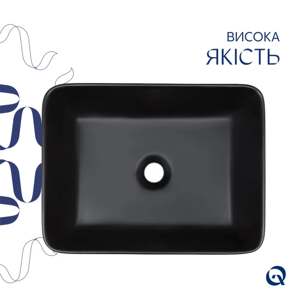 Комплект Qtap Tern: Раковина накладная прямоугольная 480х370х135 мм Matt Black + Донный клапан PU03 - 3 фото