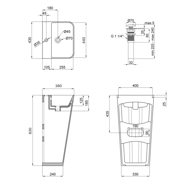 Комплект Qtap Tern: Раковина напольная моноблок 440х380х830 мм White + Донный клапан PU02O - 1 фото