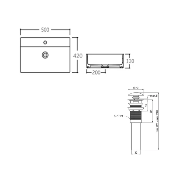 Комплект Qtap Nando LT: Раковина подвесная прямоугольная 500х420х130 мм White + Донный клапан PU02O - 1 фото