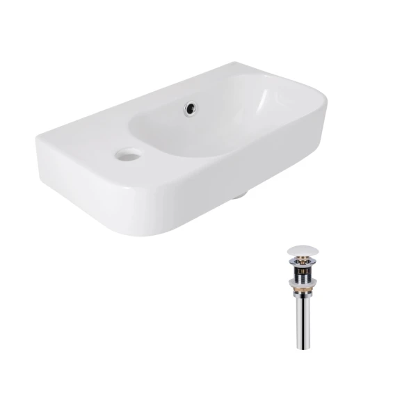 Комплект Qtap Tern: Раковина подвесная прямоугольная левая 450х250х158 мм White + Донный клапан PU02O