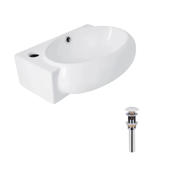 Комплект Qtap Leo: Раковина підвісна овальна права 430x285x160 мм White + Донний клапан PU02O