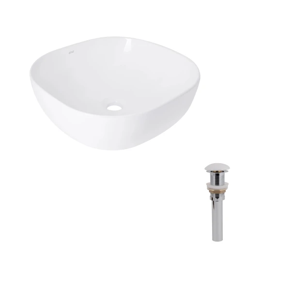 Комплект Qtap Kolibri: Раковина накладна 425x425x140 мм, White, квадратна + Донний клапан Pop-up PU02