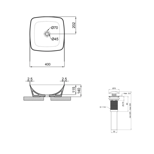 Комплект Qtap Kolibri: Раковина накладна 425x425x140 мм, White, квадратна + Донний клапан Pop-up PU02 - 1 фото
