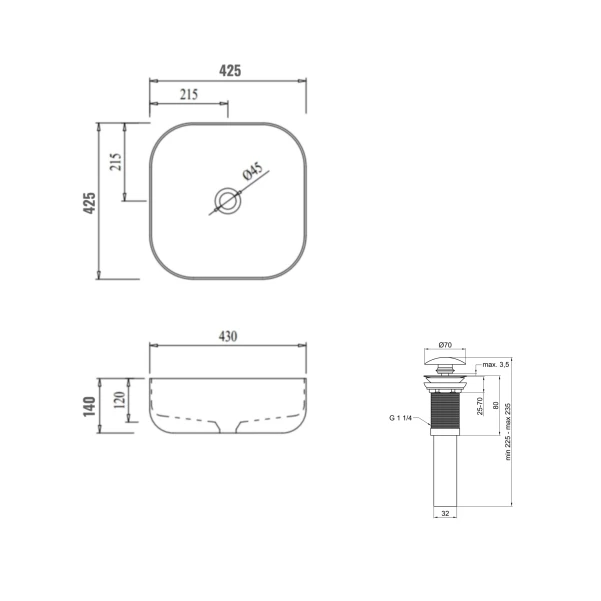 Комплект Qtap Kolibri: Раковина накладная 425x425x140 мм, White, квадратная + Донный клапан Pop-up PU02 - 1 фото
