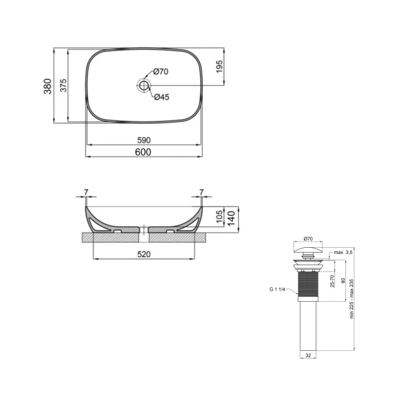 Комплект Qtap Cardinal: Раковина накладная 600x380x140 мм, White, овальная + Донный клапан Pop-up PU02 - 1 фото