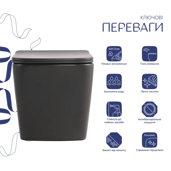 Унитаз подвесной Tern Ultra Quiet 490×365×325 мм, Anthracite, с сиденьем Slim Duroplast / Soft-close / Quick Release QT17332303ASAN Qtap - 2 фото