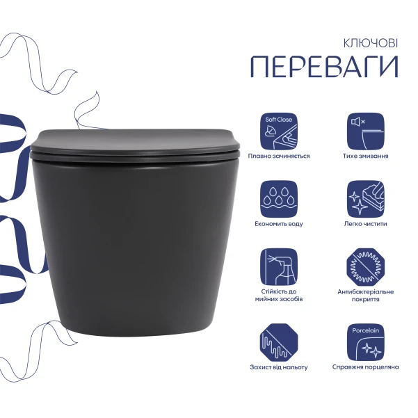 Унитаз подвесной Robin Ultra Quiet 490×365×325 мм, Anthracite, с сиденьем Slim Duroplast / Soft-close / Quick Release QT13332381АSAN Qtap - 2 фото
