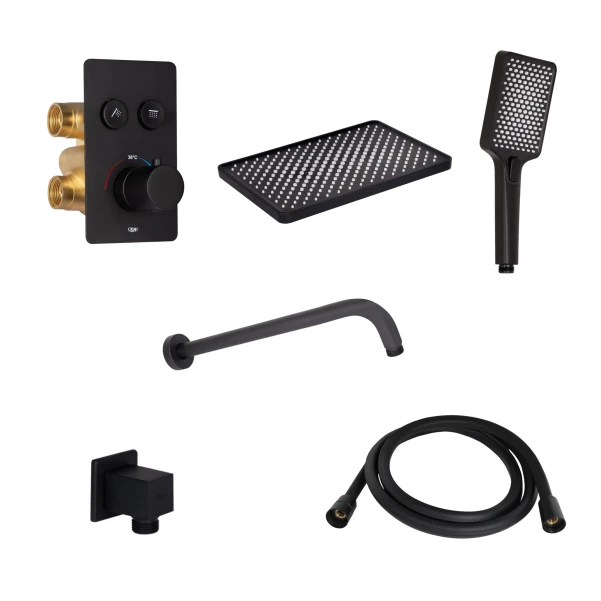 Комплект для душа Qtap Votice:Смеситель QTVOT6442T105NKB+Душ.наб.(QTHLA107BLM45947+QTRUC125BLM45959+QTTRU120BLM45927+QT809810842857NB+QTHADPVCSQ160B)