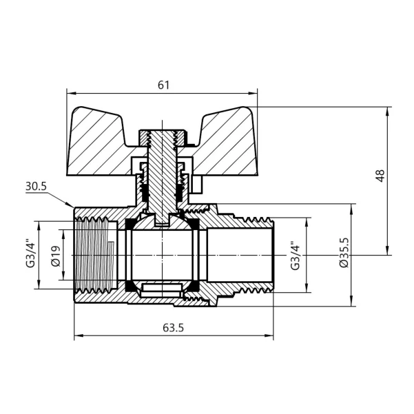 Кран шаровой Thermo Alliance Standart 3/4" ВН для газа (бабочка) SD607NG20PN40 - 1 фото