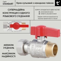 Кран шаровой 3/4"ВН прямой, PN40, с накидной гайкой Standart TAS261W20 Thermo Alliance - 2 фото
