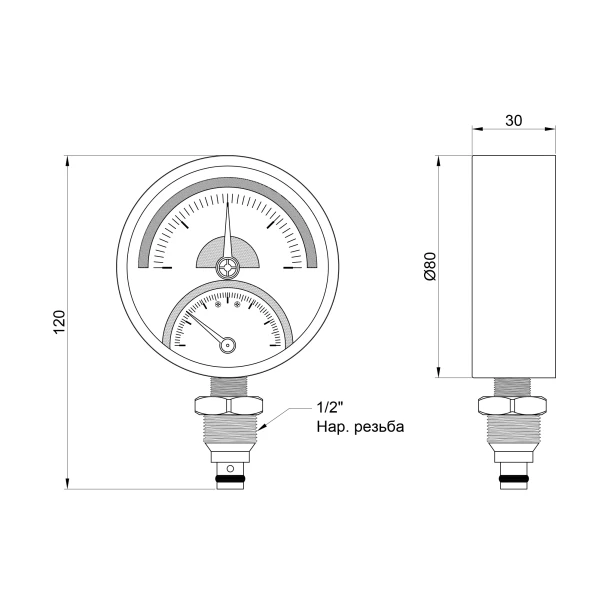 Термоманометр Thermo Alliance Standart 80 мм 1/2", нижнее подключение SD1724B - 1 фото
