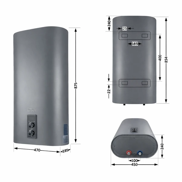 Водонагрівач електричний Thermo Alliance 50 л Grey, плоский вертикальний, мокрий ТЕН 2 кВт (0,8+1,2) DT50V20G(PD)/2G - 1 фото
