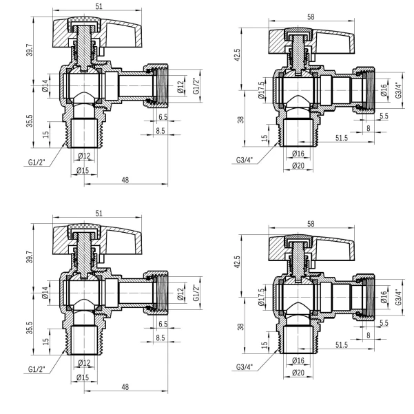 Комплект угловой кранов Thermo Alliance Standart  1/2"ВН -3/4"ВН с накидной гайкой  для подключенние котла TAS225RBW1520 - 1 фото