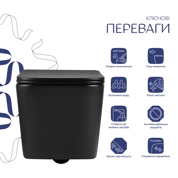Унитаз подвесной Qtap Crow Ultra Quiet 485×340×290 мм, Matt Black, с сиденьем Slim Duroplast/ Soft-close/ Quick Release QT05335171MB - 2 фото