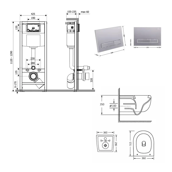 Готове рішення Qtap для ванної кімнати: підвісний унітаз Taurus Ultra Quiet 515×360×350 + комплект інсталяції Nest 4 в 1 (лінійна клавіша Satin) - 1 фото
