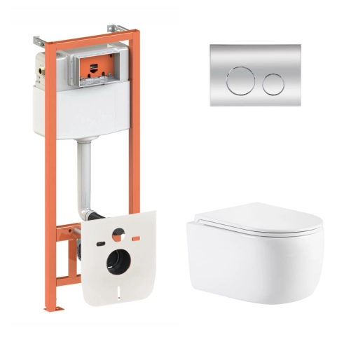 Готове рішення Qtap для ванної кімнати: підвісний унітаз Taurus Ultra Quiet 515×360×350 + комплект інсталяції Nest 4 в 1 (кругла клавіша Chrome)