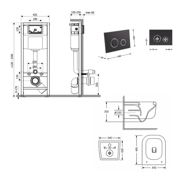 Готове рішення Qtap для ванної кімнати: підвісний унітаз Gemini Ultra Quiet 485×340×350 + комплект інсталяції Nest 4 в 1 (кругла клавіша Matt Black) - 1 фото